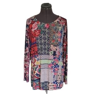 XS Johnny Was Verdell Vibrant Floral Geometric Patchwork Long Sleeve Top Roses